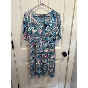 Tango Mango L Abstract Ruffle Dress Blue Pink Aqua 3/4 Sleeve Resort Stretch